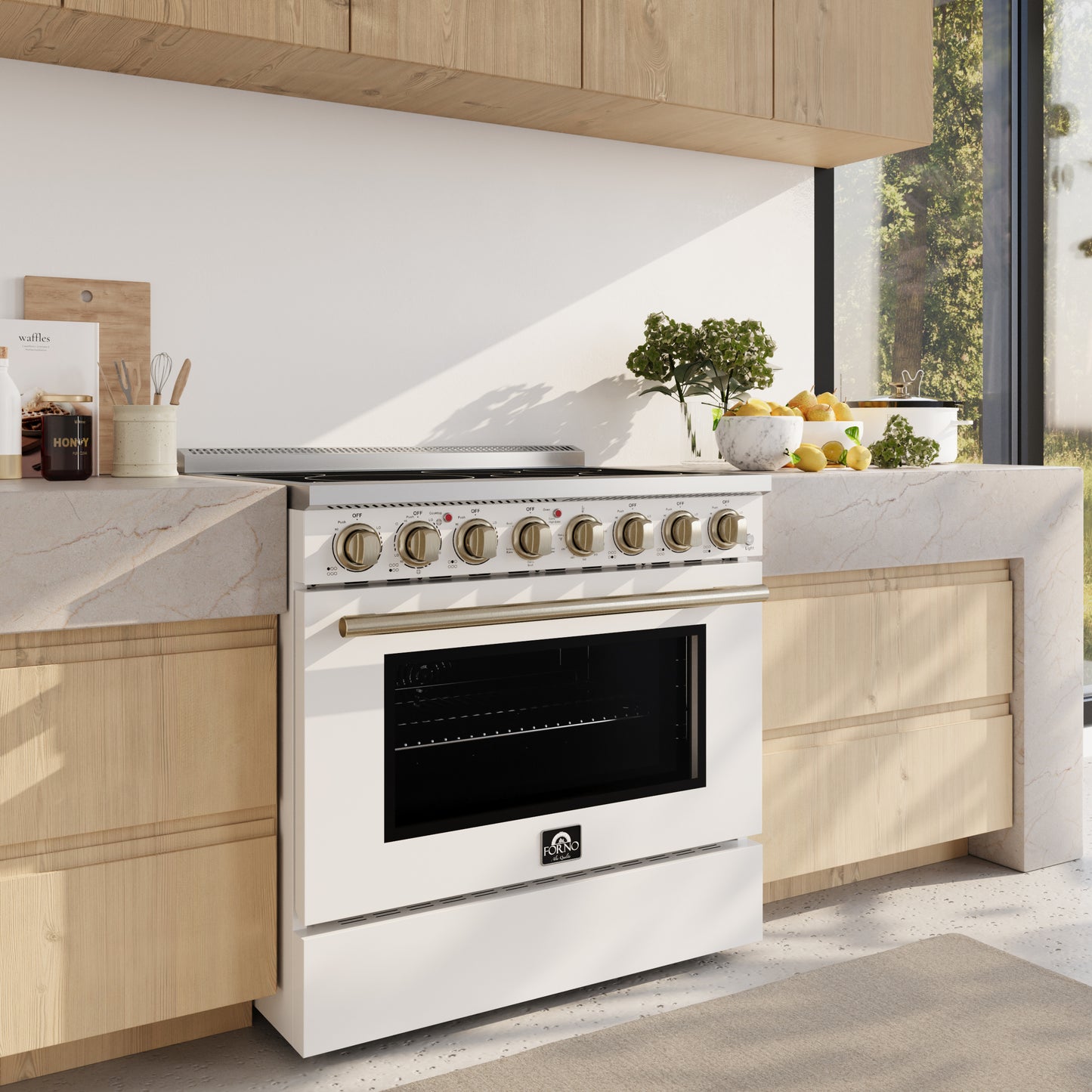 Forno Paolo 36 Inch White Freestanding Electric Range, Stainless Steel, 5.44 cu.ft, True Convection Oven, Energy Efficient