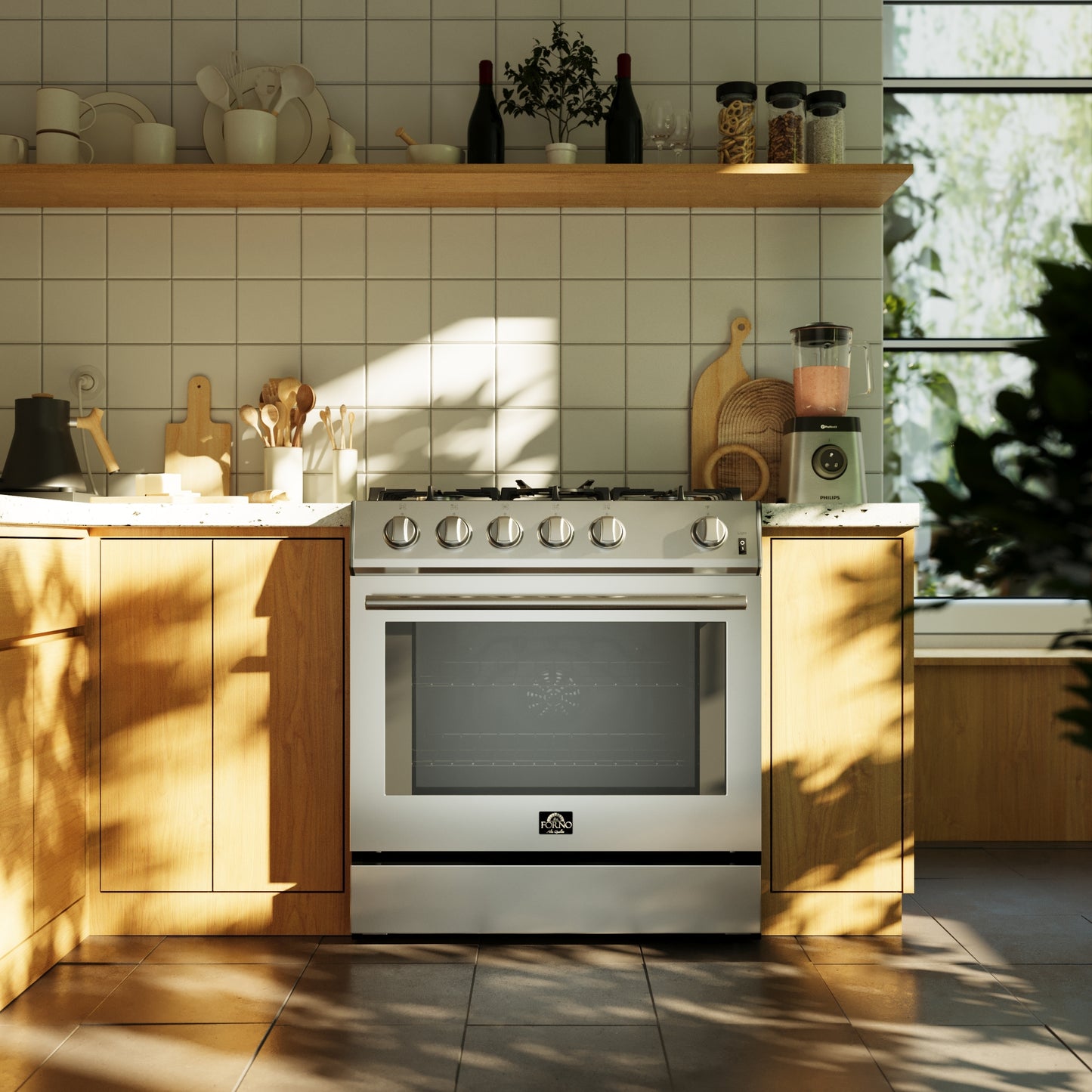 Forno Leonardo 30-Inch Stainless Steel Gas Range, 5 Sealed Burners (Totaling 39,500 BTU), 5 cu.ft. Convection Oven, Continuous Cast Iron Grates, Black Enamel Interior, Auto Re-Ignition, LP Conversion Kit Included