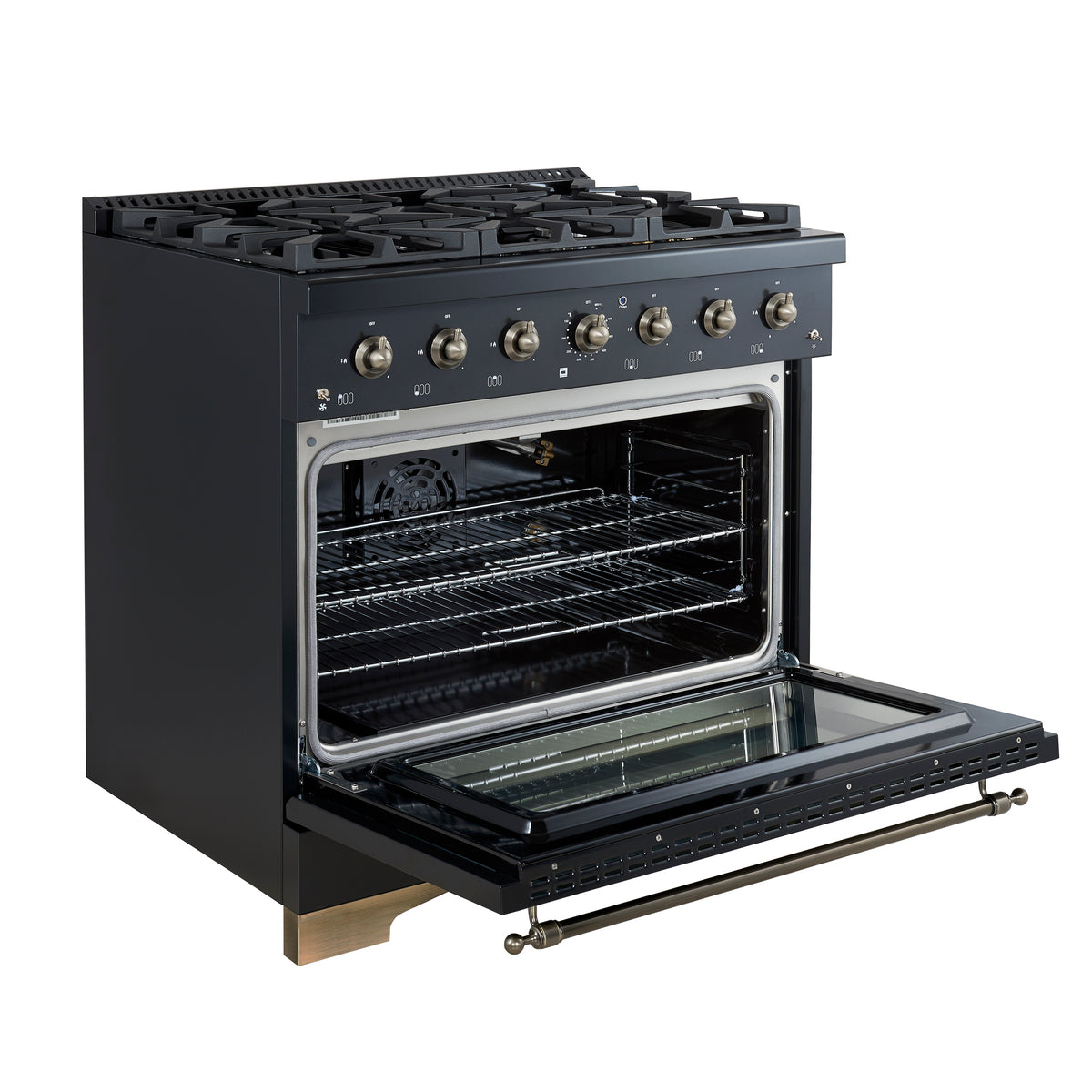 Forno Antico 36-Inch Freestanding Gas Range, Black, Antique Brass Design, 6 Burners, Convection Oven, Energy Efficient