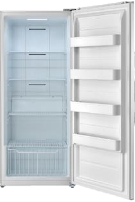 4 wire shelves, 4 door bins, 1 large lower basket,
convertible to/from refrigerator/freezer