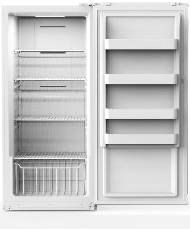 4 wire shelves, 4 door bins, 1 large lower basket, convertible to/from refrigerator/freezer
